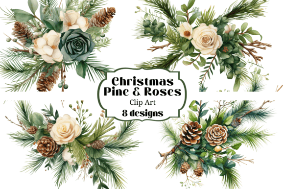 8 Christmas Pine White Roses Watercolor Illustrations
