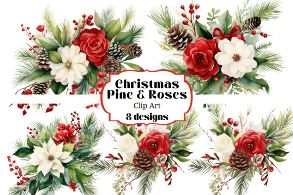 Christmas Pine Floral Watercolor Clipart for Illustrations