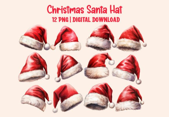 Christmas Santa Hat Watercolor Png Illustrations