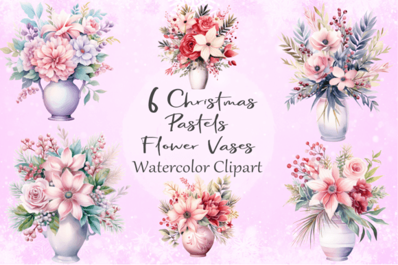 Clipart Christmas Pastel Flower Vase: Soft Illustrations