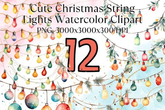 Cute Christmas String Lights Watercolor Illustrations