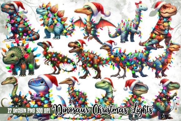 Dinosaur Wrapped with Christmas Lights: Festive Illustrations