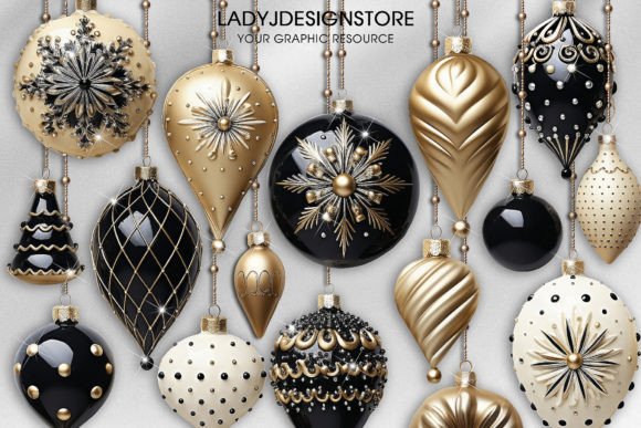 Gold Black White Christmas Ornaments Illustrations