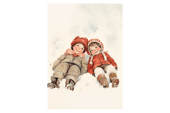 Kind Playing in the Snow Christmas Card Illustrations