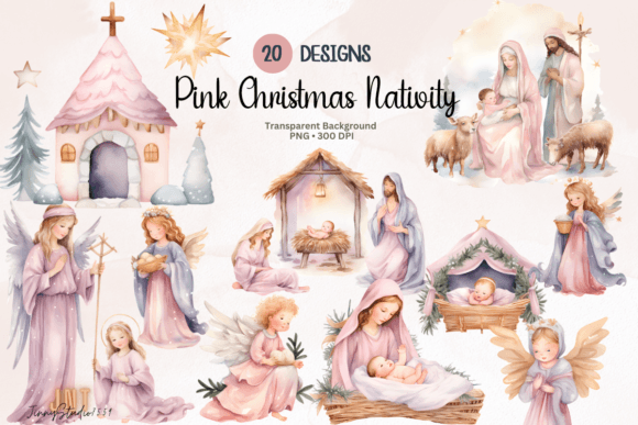 Pink Christmas Nativity Sublimation Illustrations
