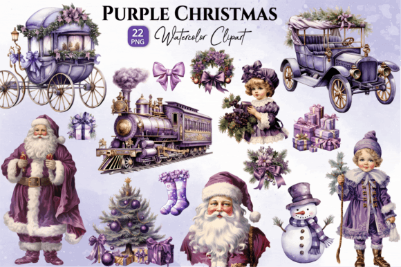 Purple Christmas Watercolor Clipart Png: Illustrations