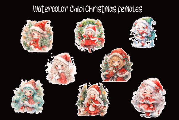 Watercolor Chibi Christmas Females Illustrations