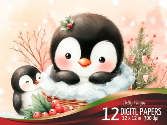 Watercolor Little Penguin at Christmas Illustrations
